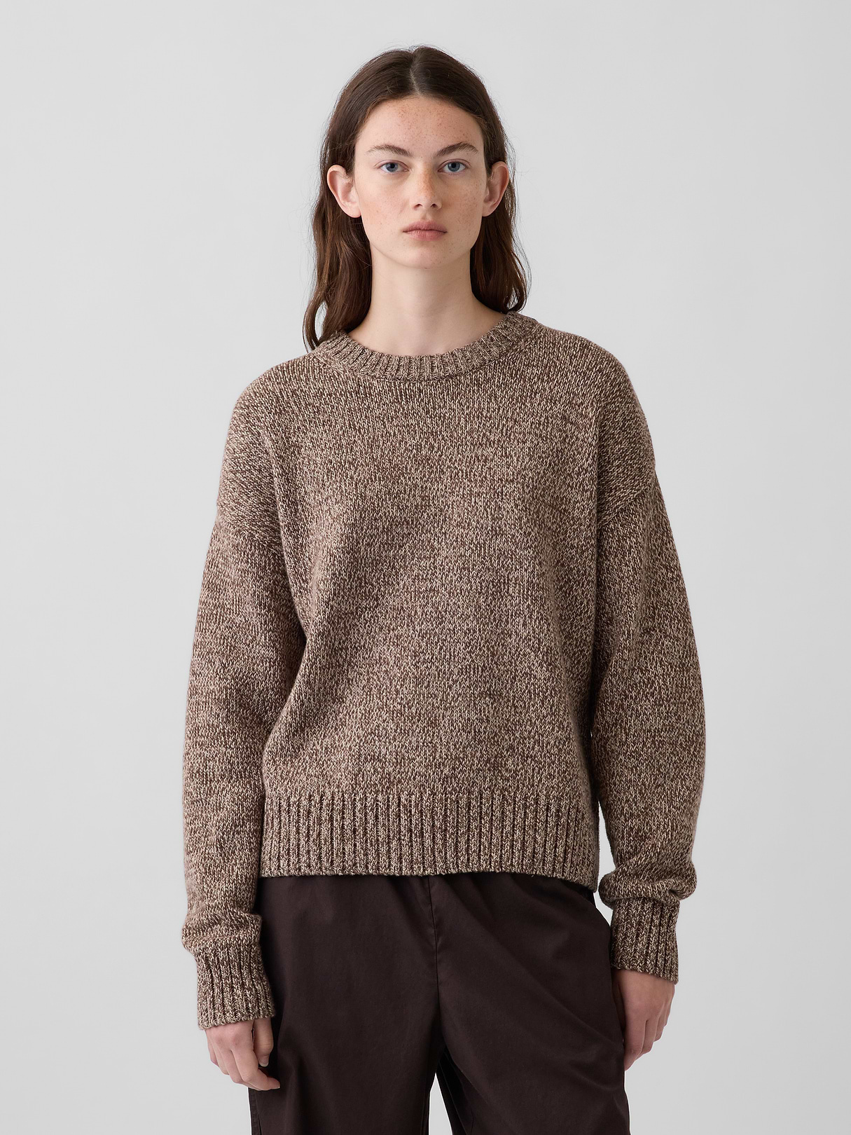 100% Cotton Oversized Crop Sweater - Neutral brown marl