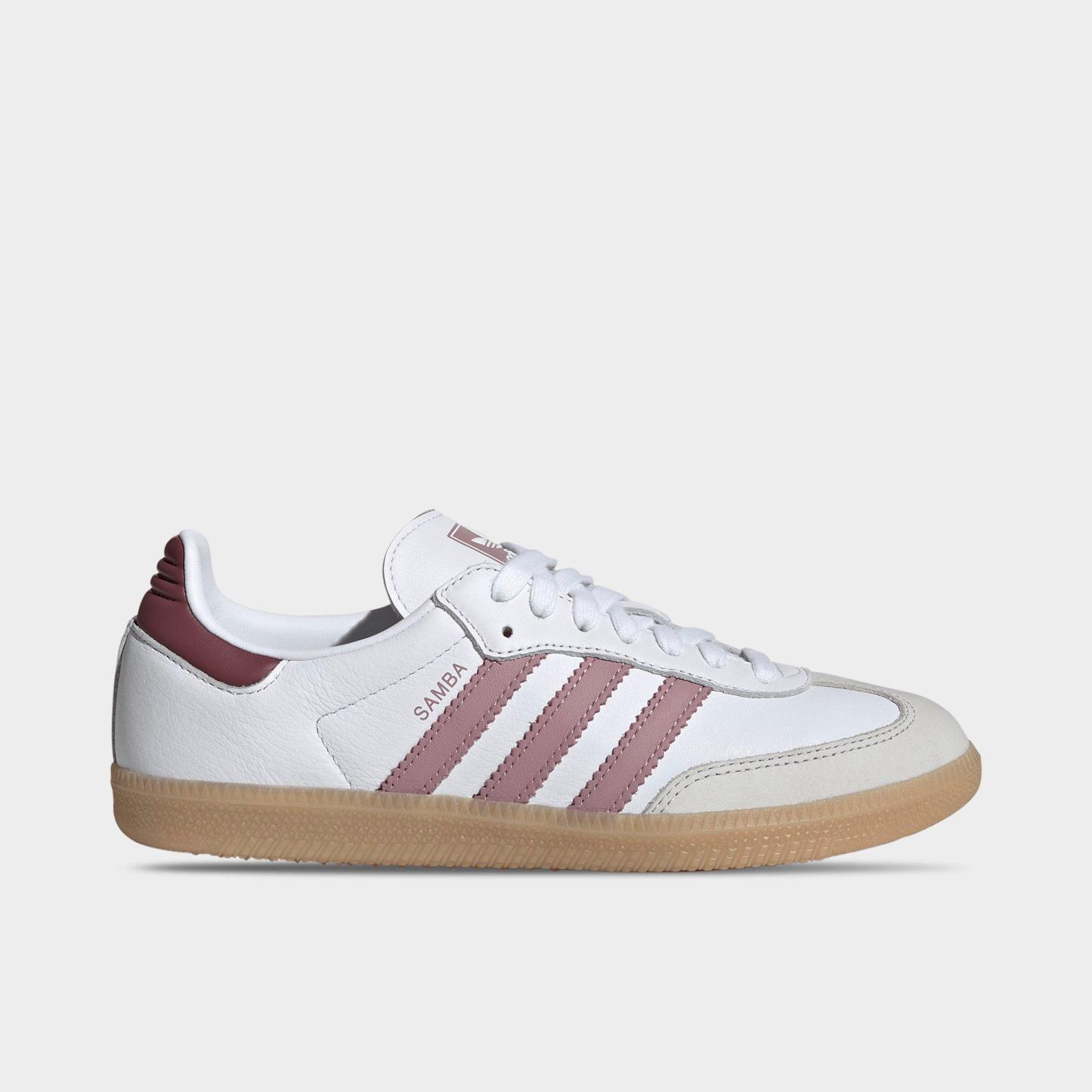 Women's adidas Originals Samba OG Casual Shoes - Part 1 - Cloud White/Magic Mauve/Burgundy - Left shoe facing left. Outside of the shoe.