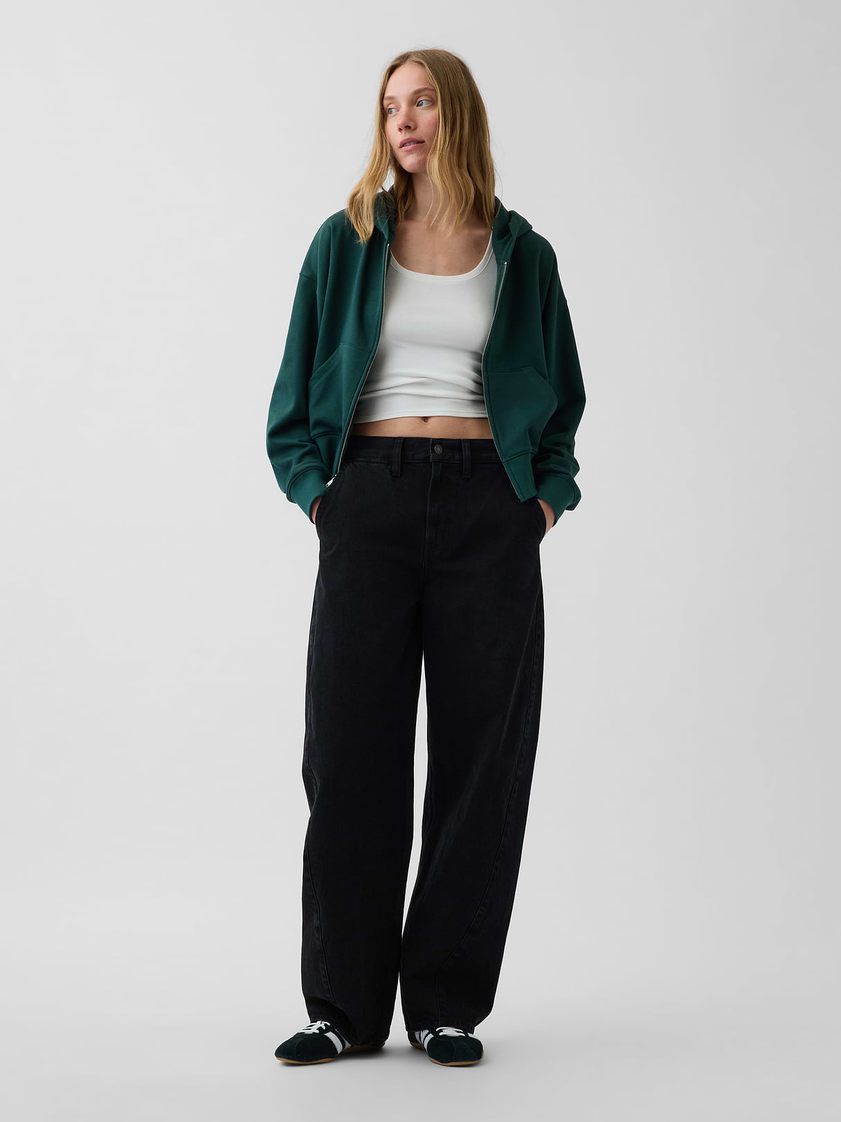 VintageSoft Terry Oversized Wedge Zip Hoodie - Dark green
