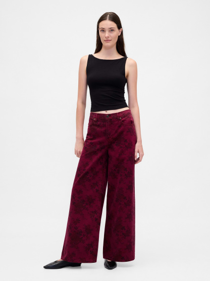 Mid Rise Denim Stripe Baggy Jeans - Red floral print