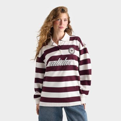 Women's adidas Originals Rugby Stripe Long-Sleeve Oversized Shirt - Maroon/Off White