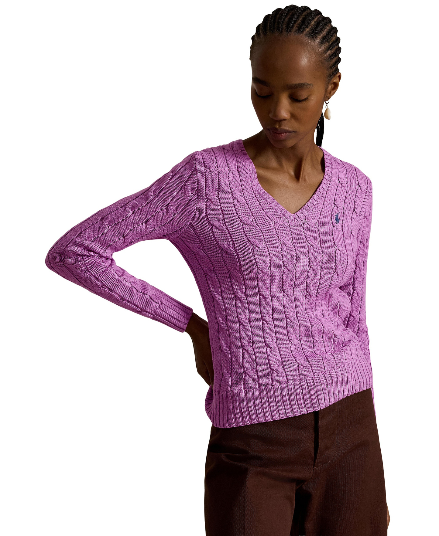 Polo Ralph Lauren Women's Cable-Knit Cotton V-Neck Sweater - Thistle Pink