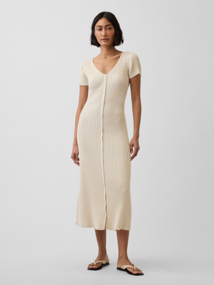 100% Cotton Rib Sweater Maxi Dress - Oatmeal heather beige