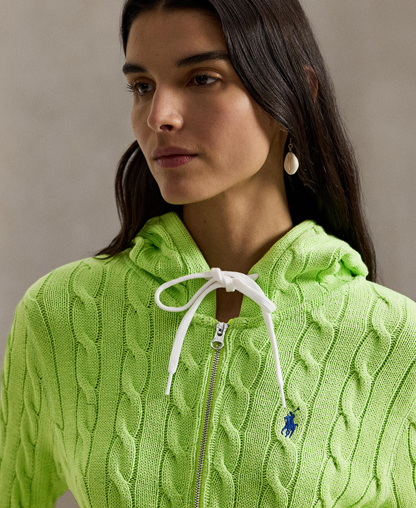 Polo Ralph Lauren Women's Cable-Knit Cotton Full-Zip Hoodie Sweater - Apple Green