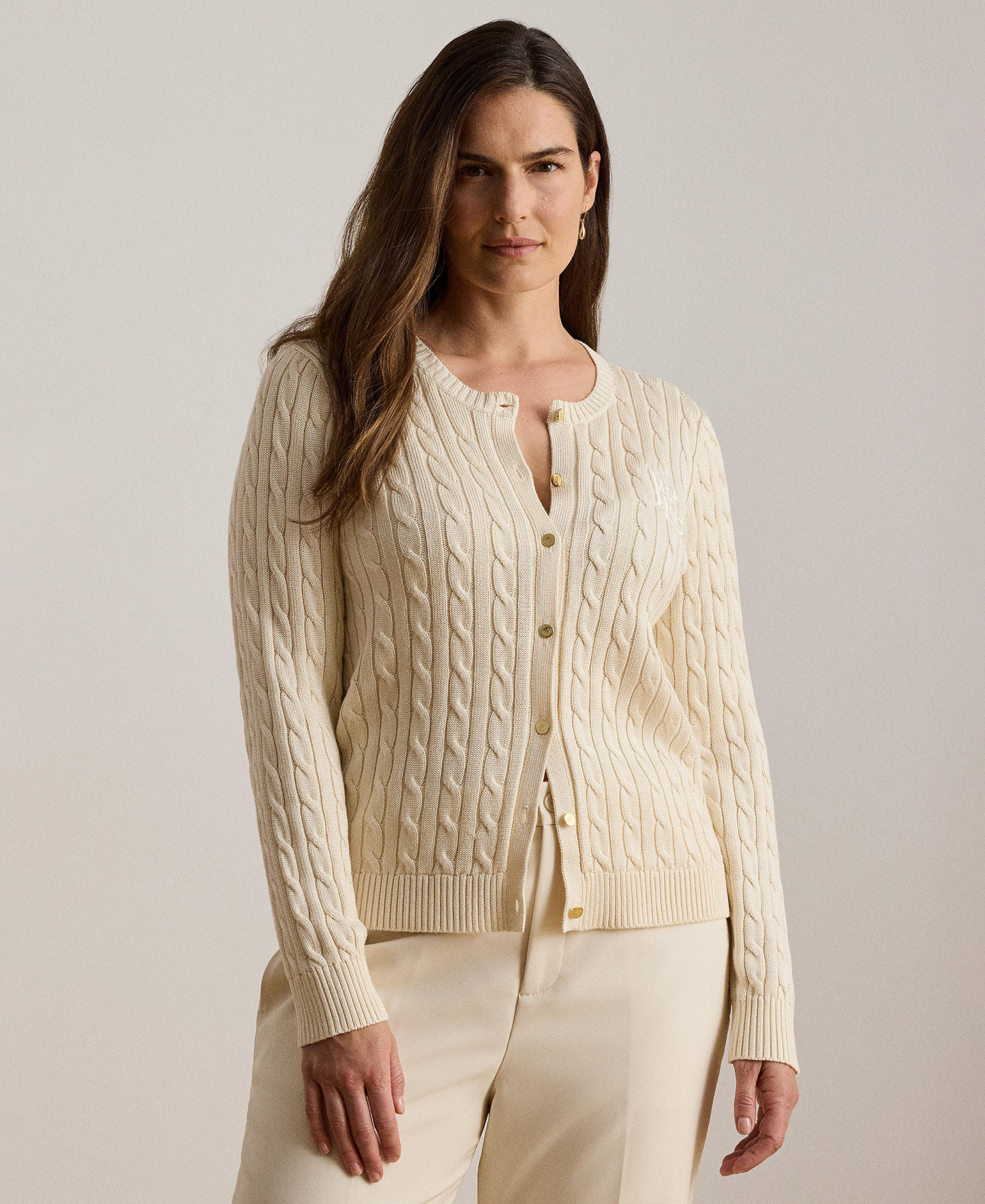 Lauren Ralph Lauren Women's Crewneck Buttoned Placket Cardigan Sweater - Mascarpone Cream
