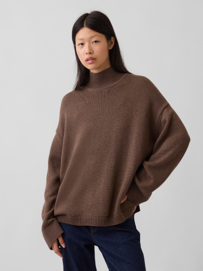 100% Cotton Oversized Mockneck Sweater - Cool brown heather
