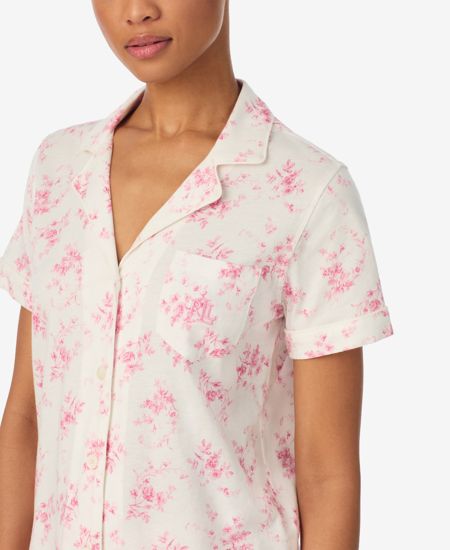 Lauren Ralph Lauren Women's Short-Sleeve Top and Ankle-Length Pajama Pants, 2-Piece Set - Pink and Cream Floral