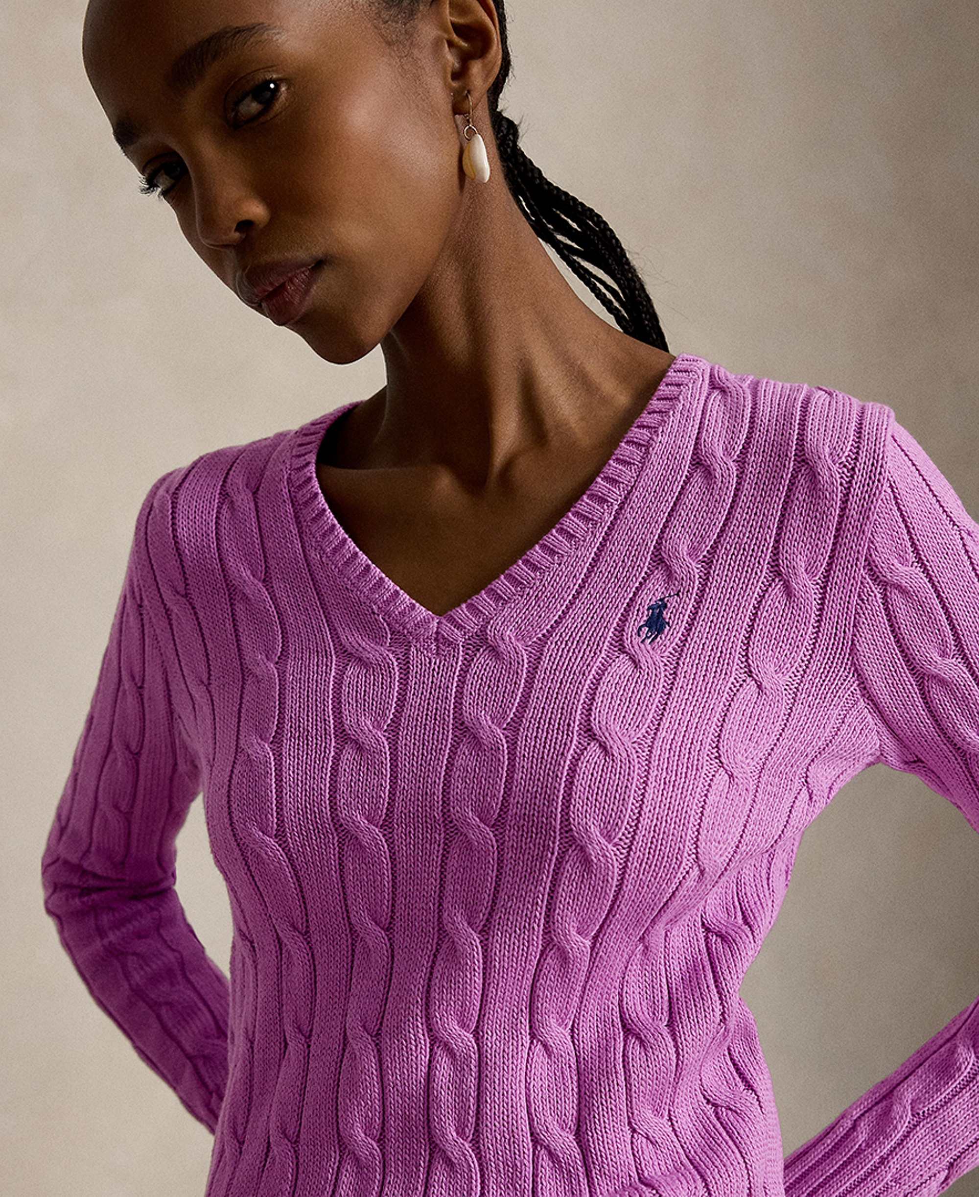 Polo Ralph Lauren Women's Cable-Knit Cotton V-Neck Sweater - Thistle Pink