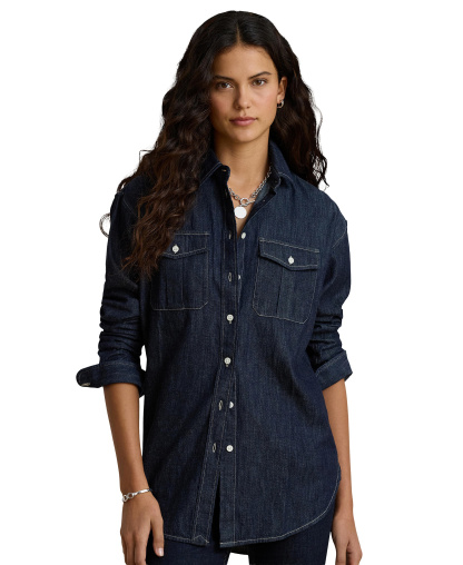 Lauren Ralph Lauren Women's Long-Sleeve Point Collar Relaxed-Fit Denim Shirt - Rinse Wash