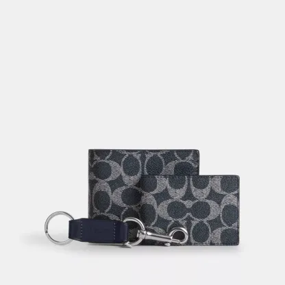 Boxed 3-In-1 Wallet Gift Set In Signature Canvas - Silver/Denim Chalk