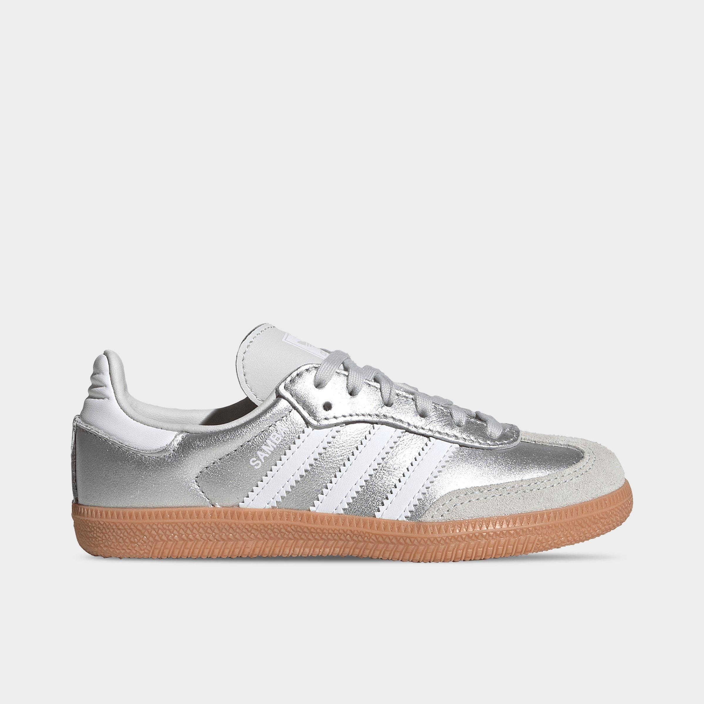Little Kids' adidas Originals Samba OG Casual Shoes - Silver Metallic/Cloud White/Gum - Left shoe facing left. Outside of the shoe.