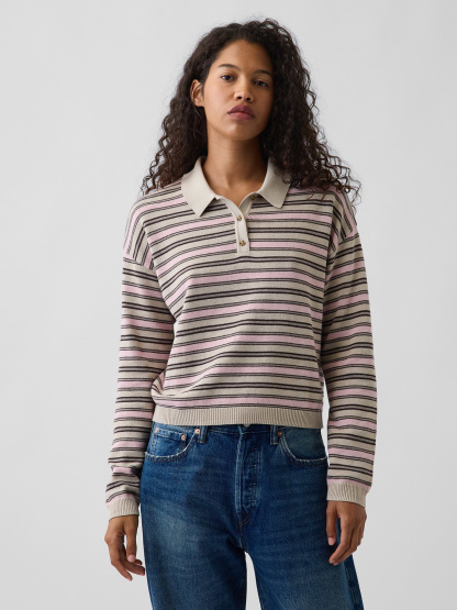 100% Cotton Relaxed Polo Sweater - Pink stripe
