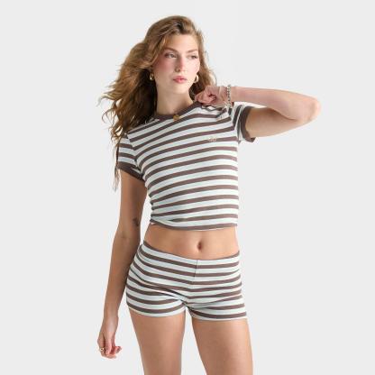 Women's adidas Originals Striped Rib Baby T-Shirt - Ice Blue/Earth Strata - view 1
