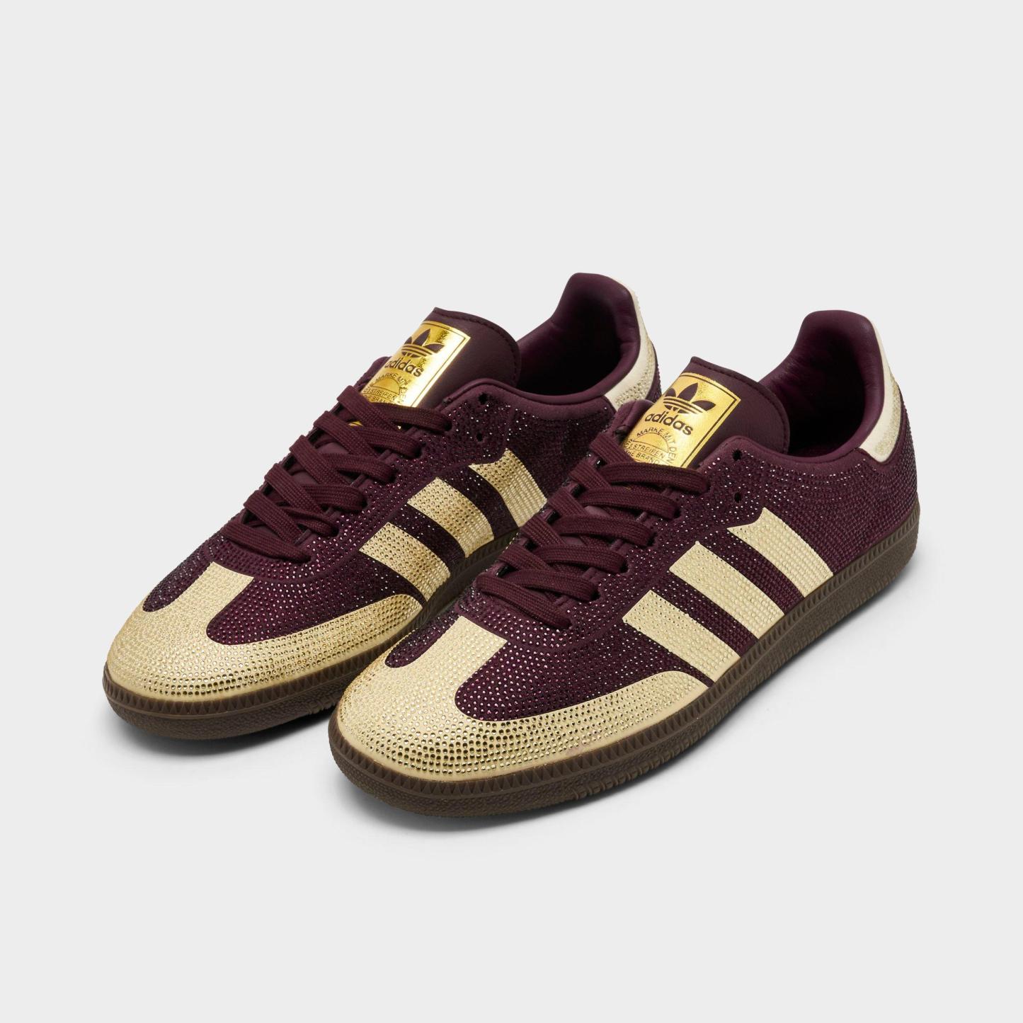 Women's adidas Originals Samba OG Rhinestone Casual Shoes - Maroon/Warm Vanilla/Gum - Both shoes facing left