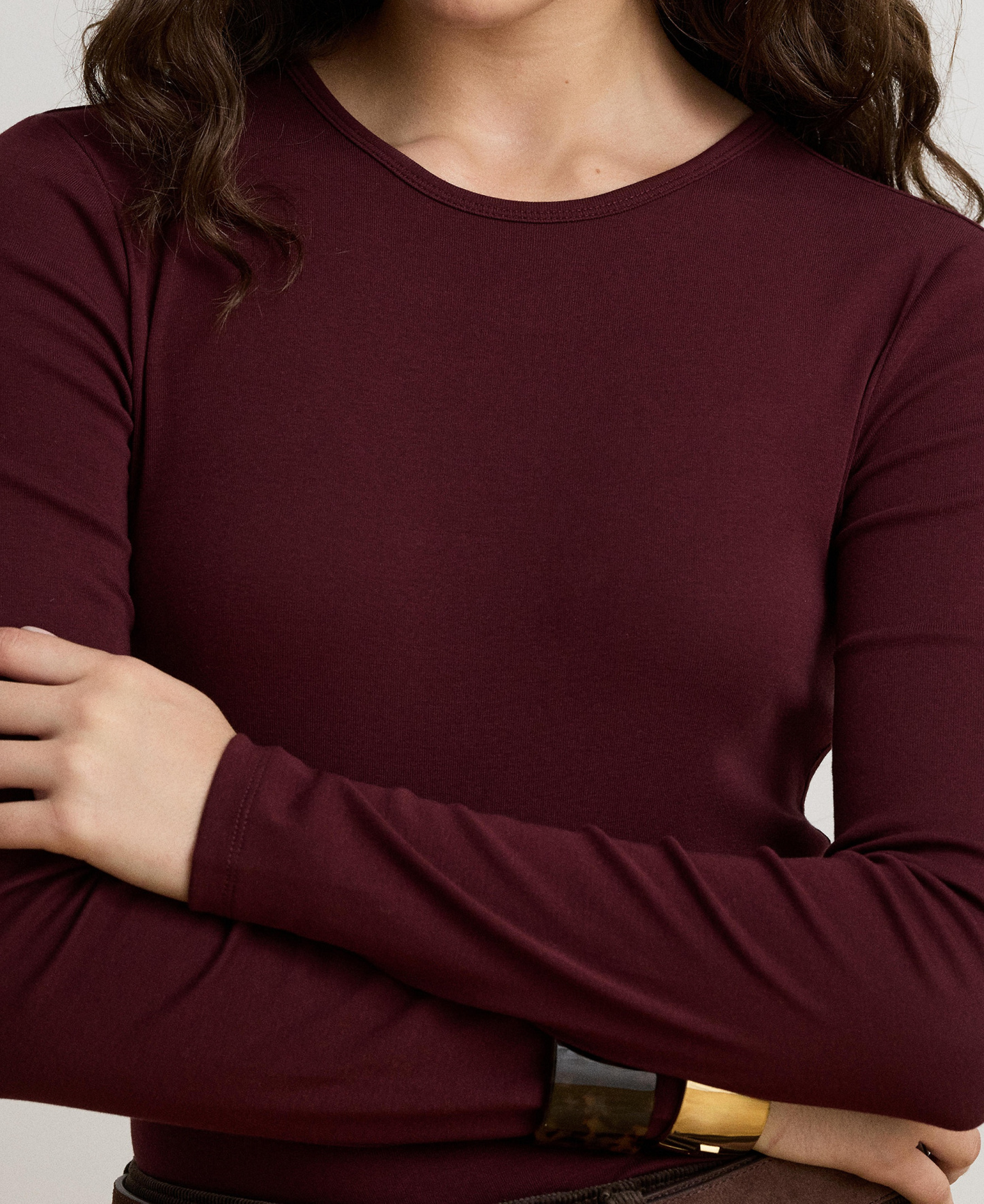 Lauren Ralph Lauren Cotton-Blend Long-Sleeve Top - Dark Garnet
