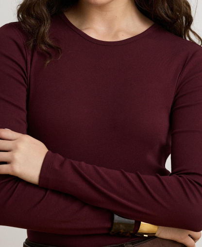 Lauren Ralph Lauren Cotton-Blend Long-Sleeve Top - Dark Garnet