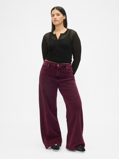 High Rise Stride Cuffed Wide-Leg Jeans - Red