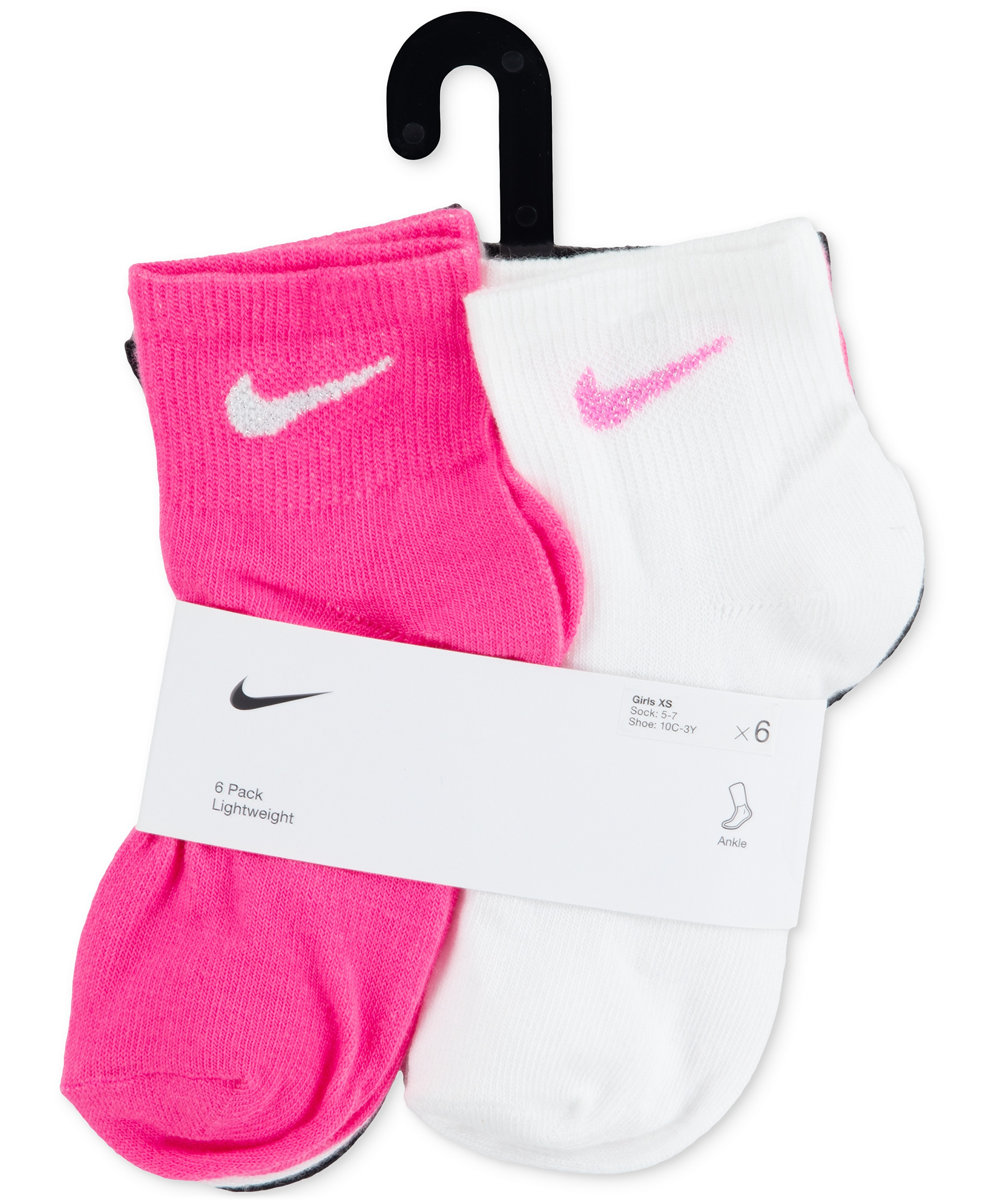 Nike Girls' 4-7 Metallic Swoosh Quarter Socks, 6-Pack - Pink/White/Black