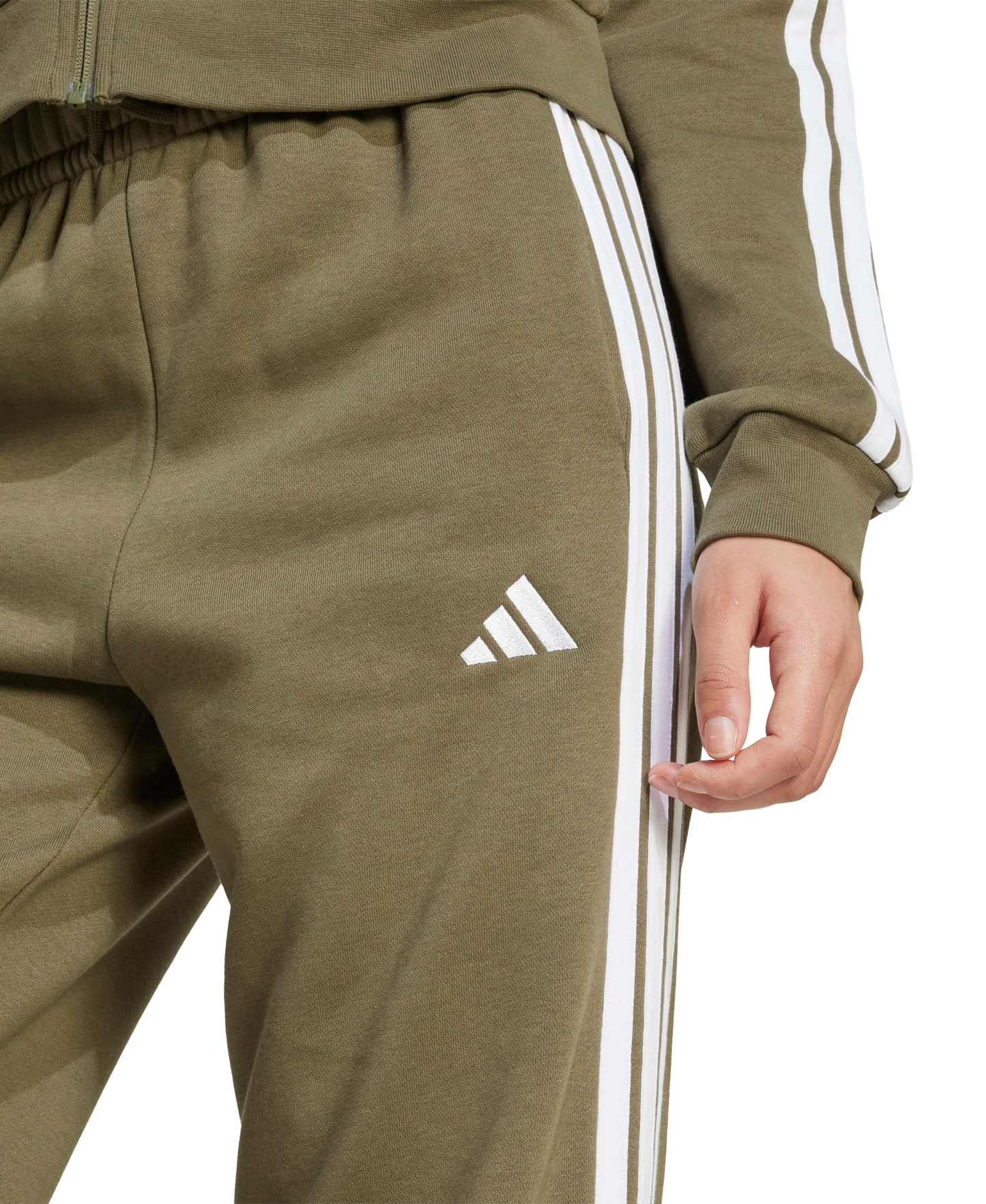 adidas Women's Essentials 3-Stripes Fleece Slim Pants - Olive Strata/White