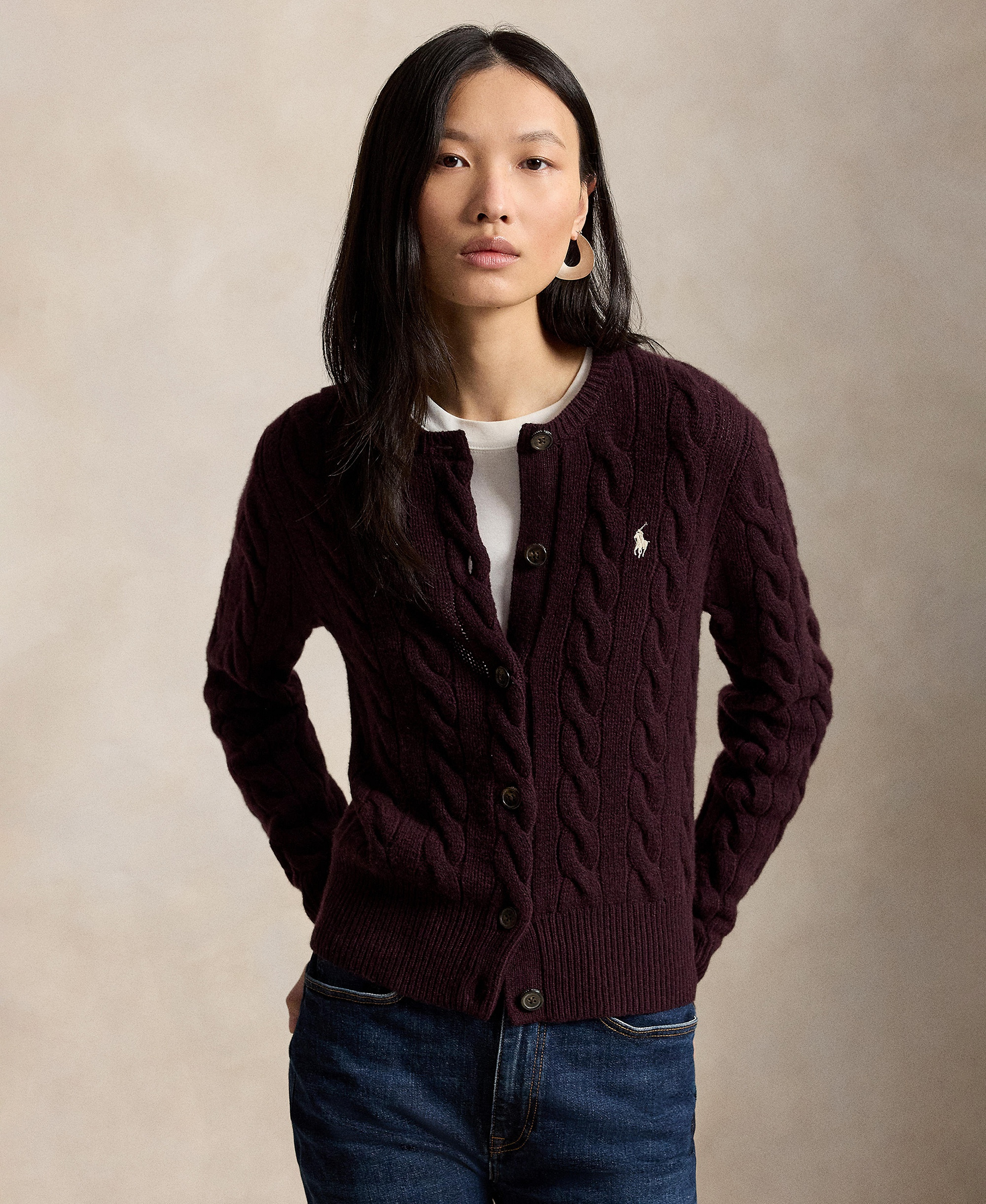 Polo Ralph Lauren Women's Cable-Knit Wool-Cashmere Cardigan Sweater - Damson Melange