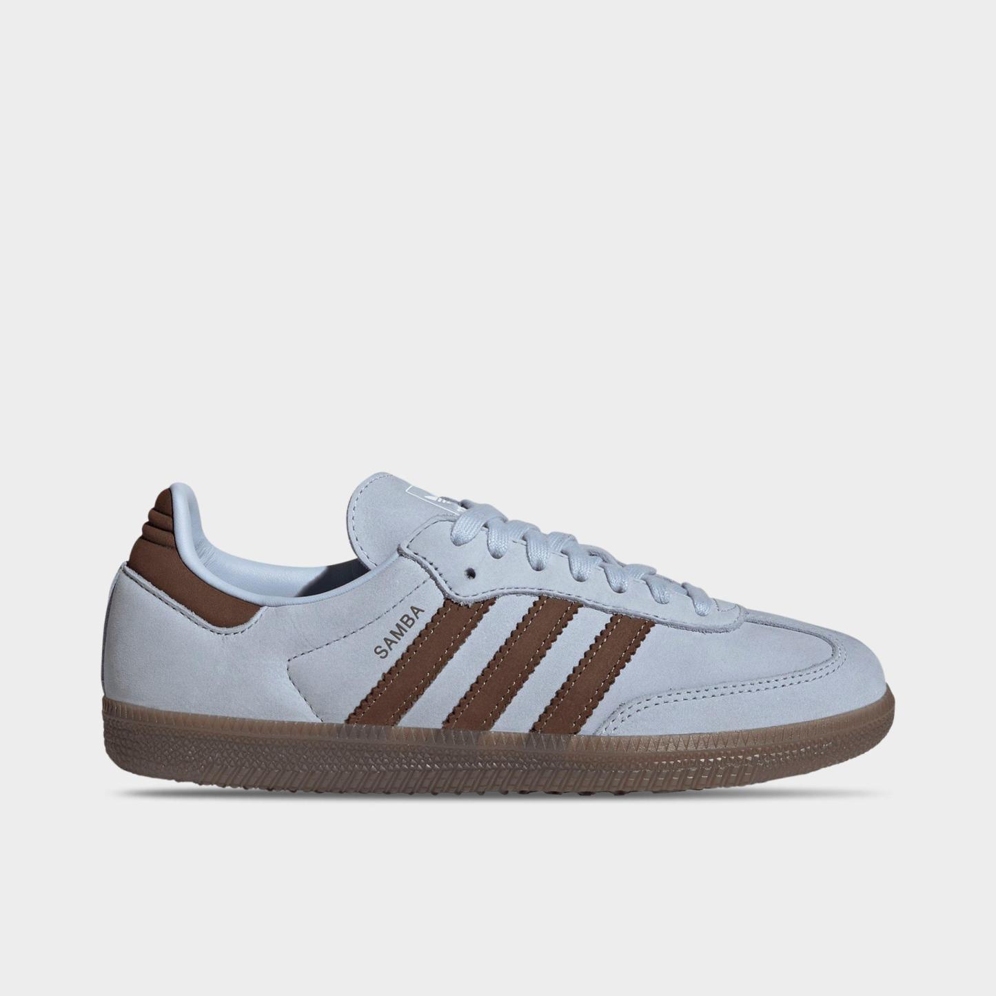 Women's adidas Originals Samba OG Casual Shoes - Part 4 - Crystal Sky/Earth Strata/Cloud White - Left shoe facing left. Outside of the shoe.