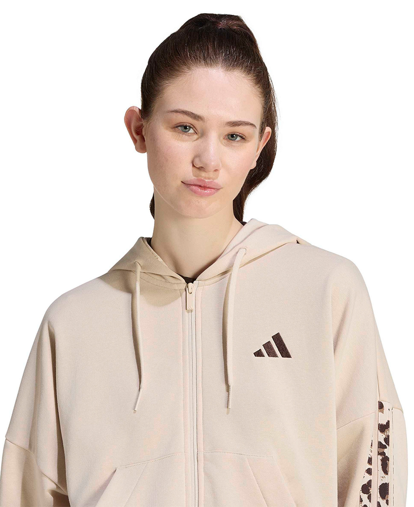 adidas Women's Seasonal Essentials Animal Print 3-Stripes Hooded Track Jacket - Crystal Linen/Multicolor/Khaki Six
