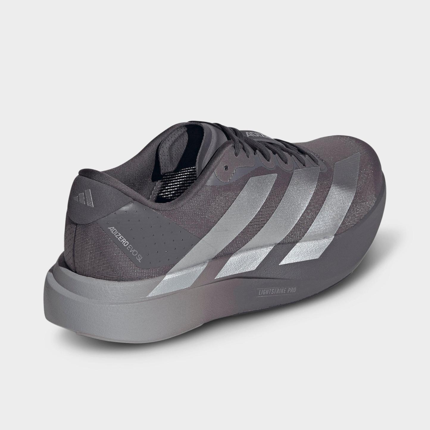 Men's adidas Adizero EVO SL Running Shoes - Part 1 - Grey Strata/Silver Metallic/Light Granite - Back view