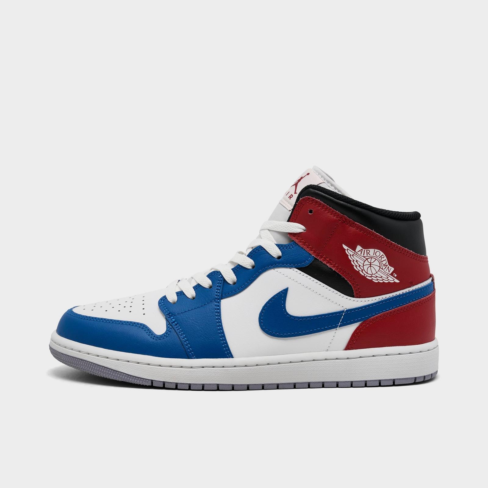 Men's Air Jordan Retro 1 Mid Casual Shoes - True Blue/Varsity Red/Black/Summit White - Left shoe facing left. Outside of the shoe. - view 1