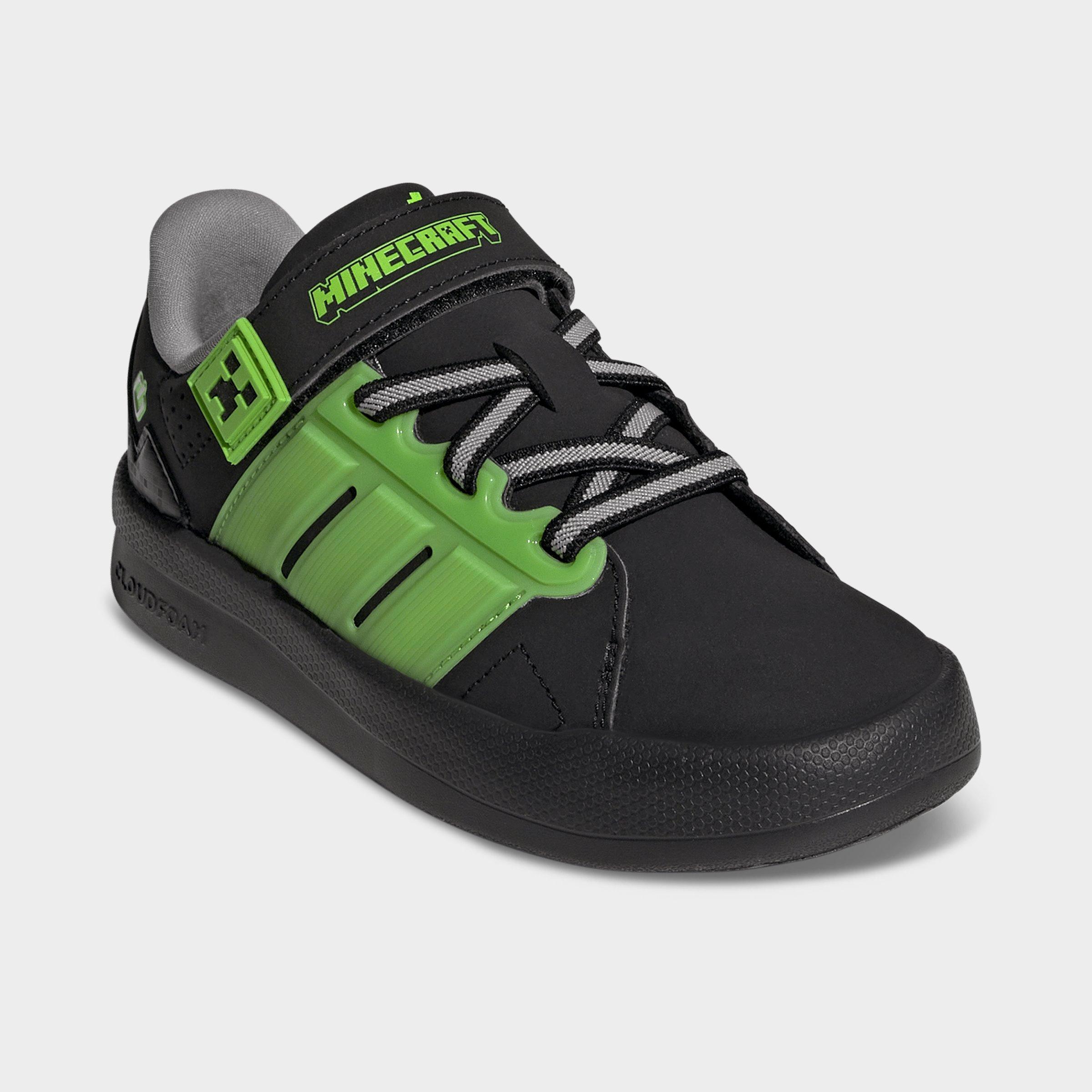 Little Kids' adidas x Minecraft Lightorama Court Stretch Lace Hook-And-Loop Casual Shoes - Core Black/Cloud White/Charcoal Solid Grey - Both shoes facing left