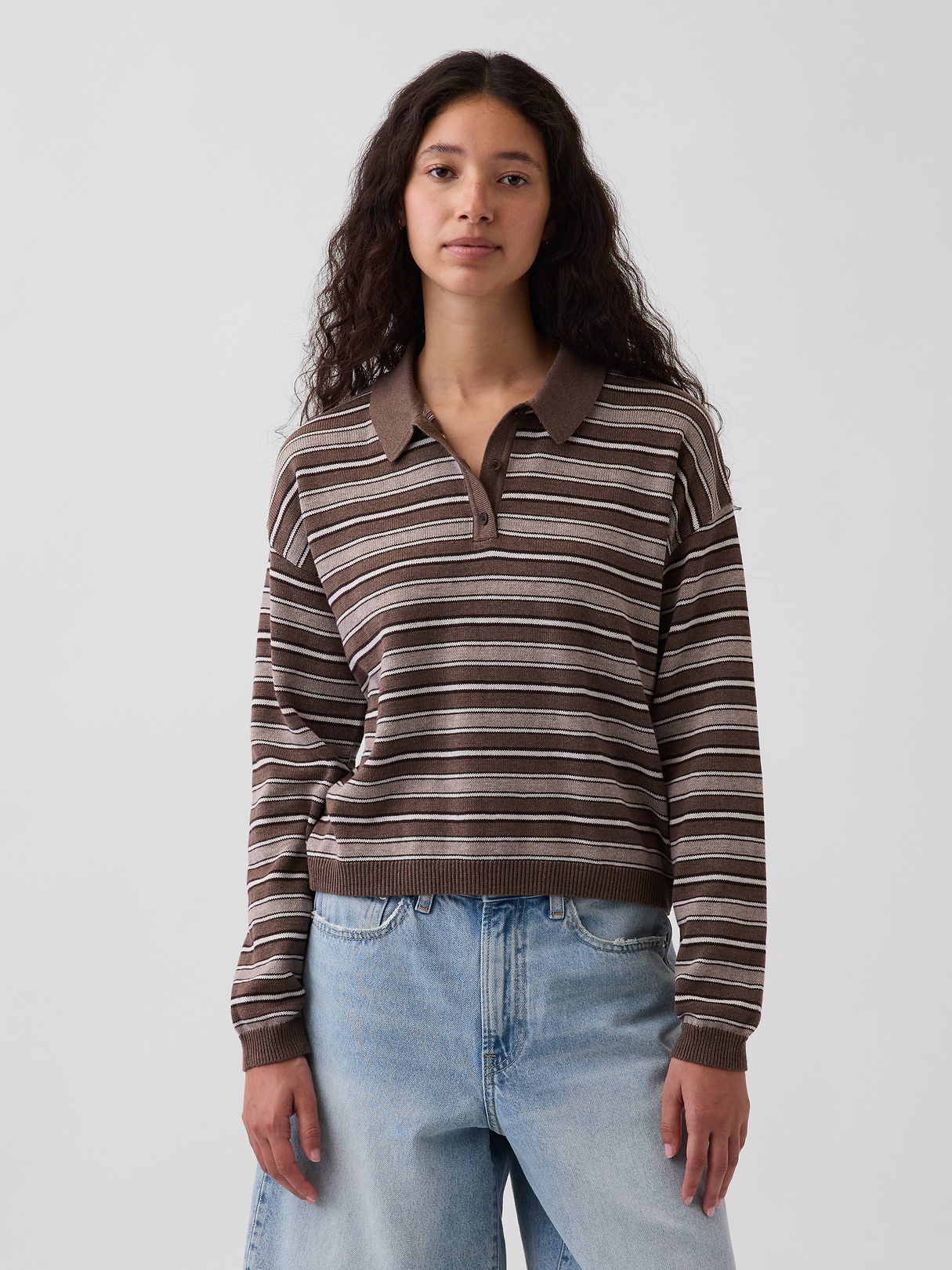 100% Cotton Relaxed Polo Sweater - Brown stripe