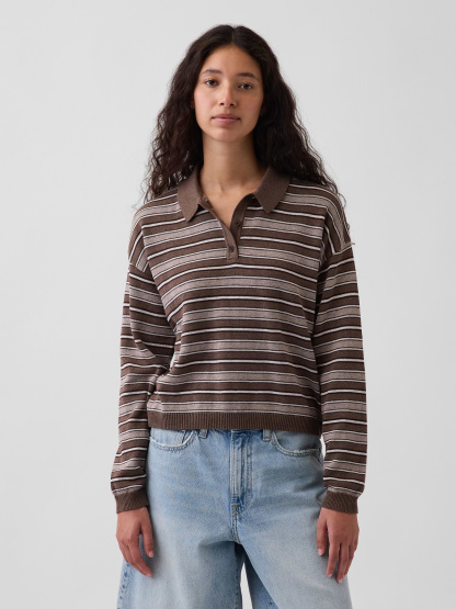 100% Cotton Relaxed Polo Sweater - Brown stripe