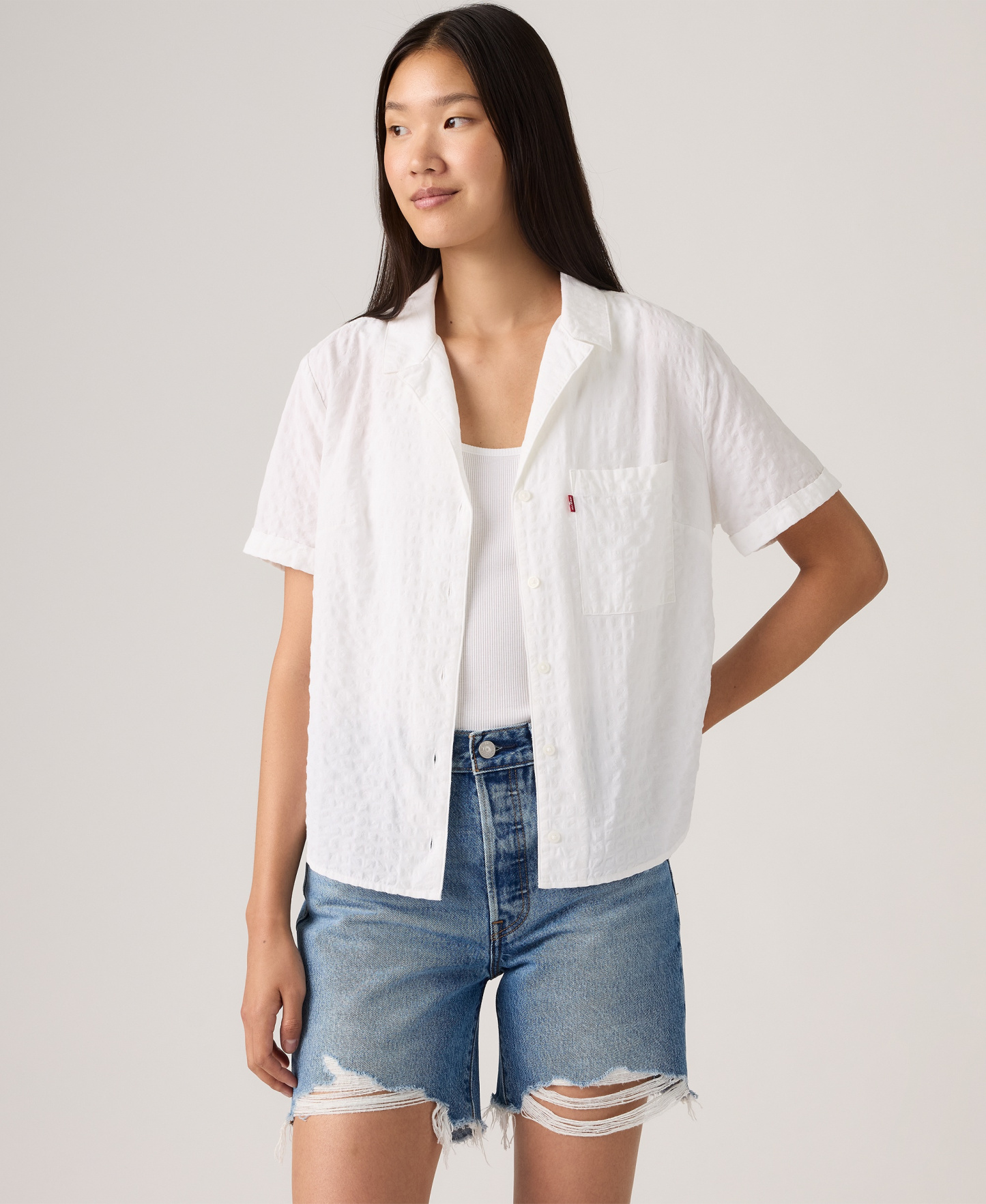 Levi's Women's Bennie Short-Sleeve Camp Shirt - Ilona Windowpane Bright White