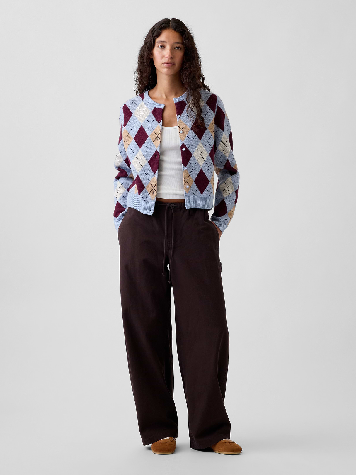 CashSoft Crop Cardigan - Blue & purple burgundy argyle