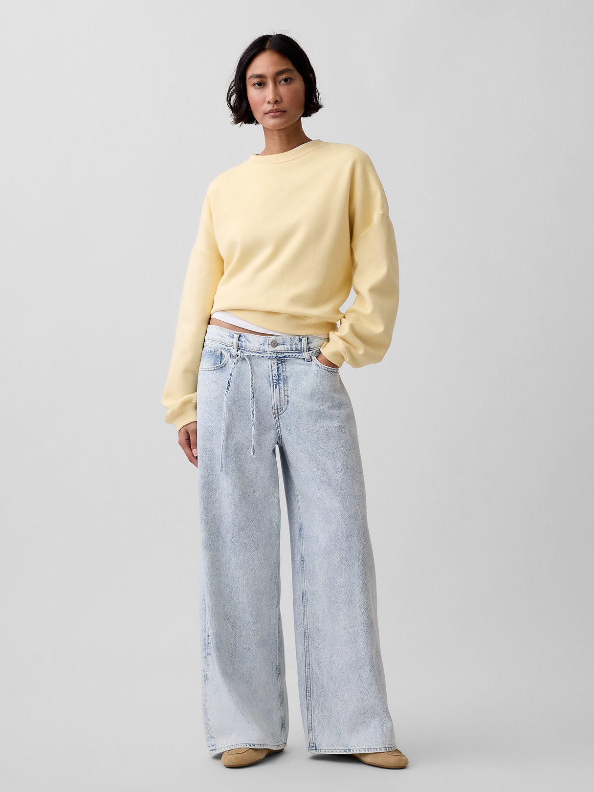 Mid Rise Denim Stripe Baggy Jeans - Light indigo