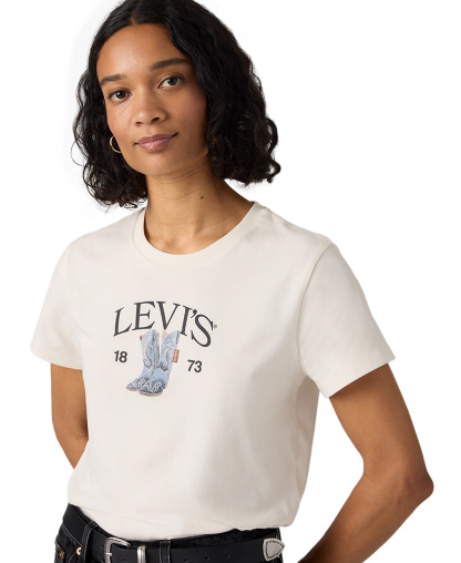 Levi's Women's Perfect Graphic Logo Cotton T-Shirt - Levis Denim Boots Egret