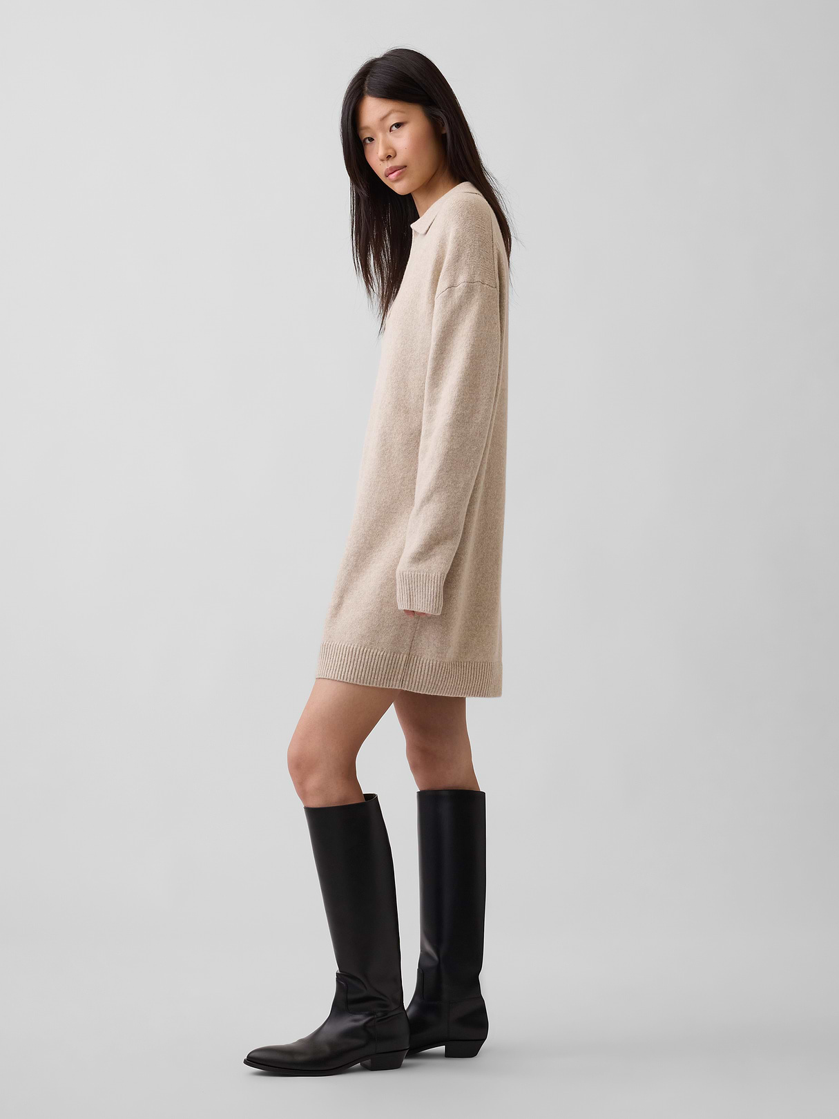 CashSoft Oversized Polo Sweater Mini Dress - Cobblestone beige