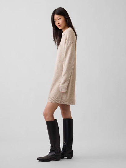 CashSoft Oversized Polo Sweater Mini Dress - Cobblestone beige