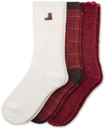 UGG® Women's Fuzzy Crew Socks, 3-Pair - Classic Boot / Plaid / Coffee Berry