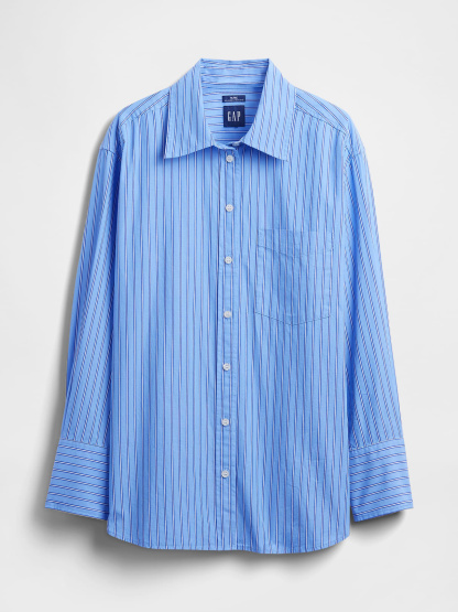 Organic Cotton Poplin Stripe Big Shirt - Blue & white stripe