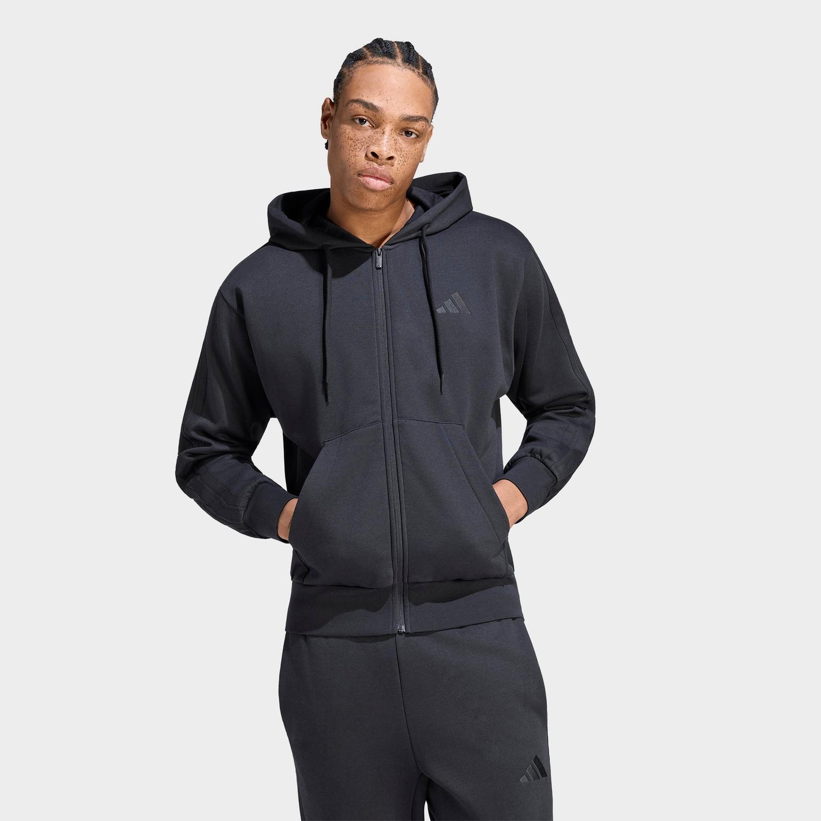 Men's adidas Essentials 3-Stripes Fleece Pullover Hoodie - Black/Black - view 1
