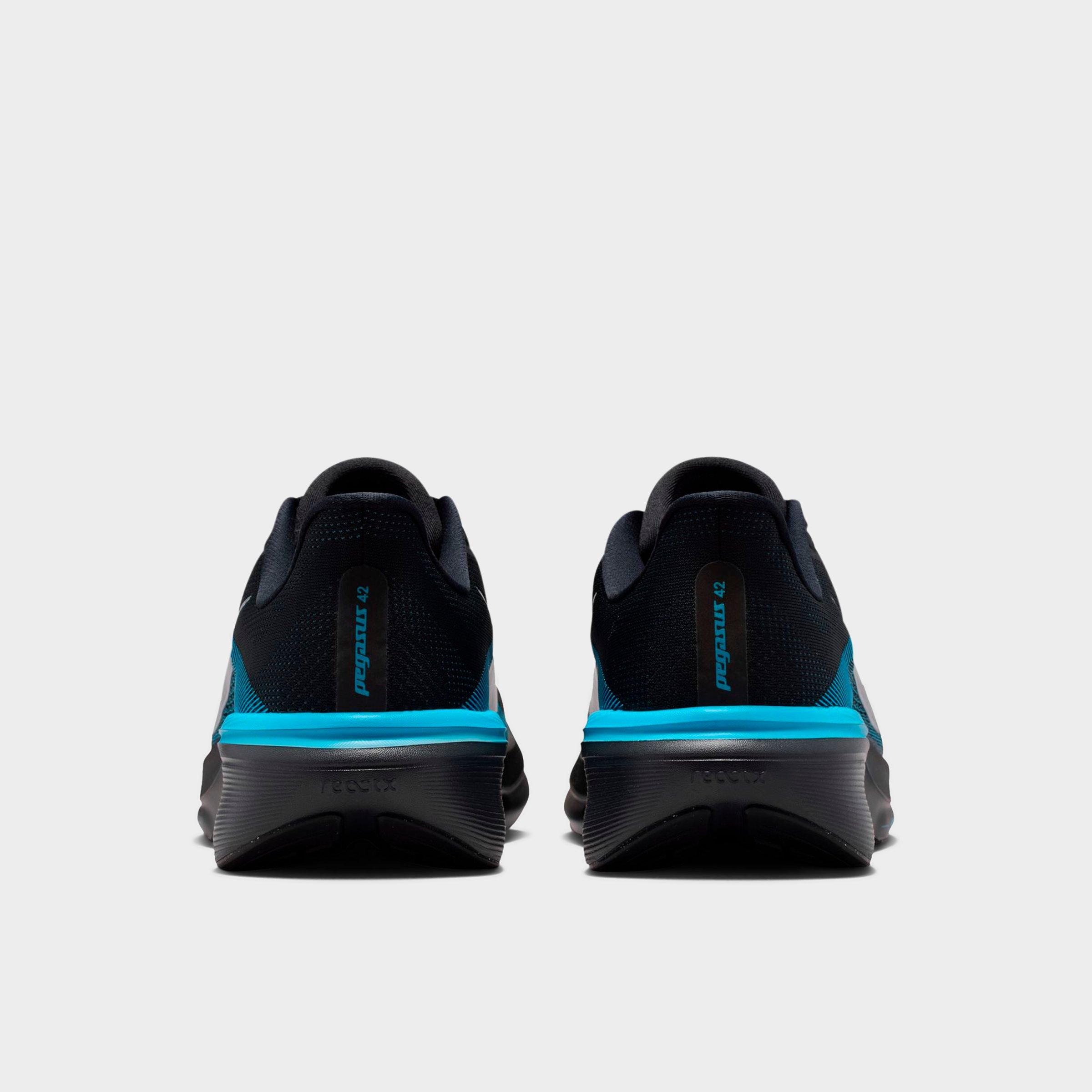 Men's Nithtke Pegasus 42 Running Shoes - Part 1 - Black/Metallic Silver/Light Current Blue - Back view