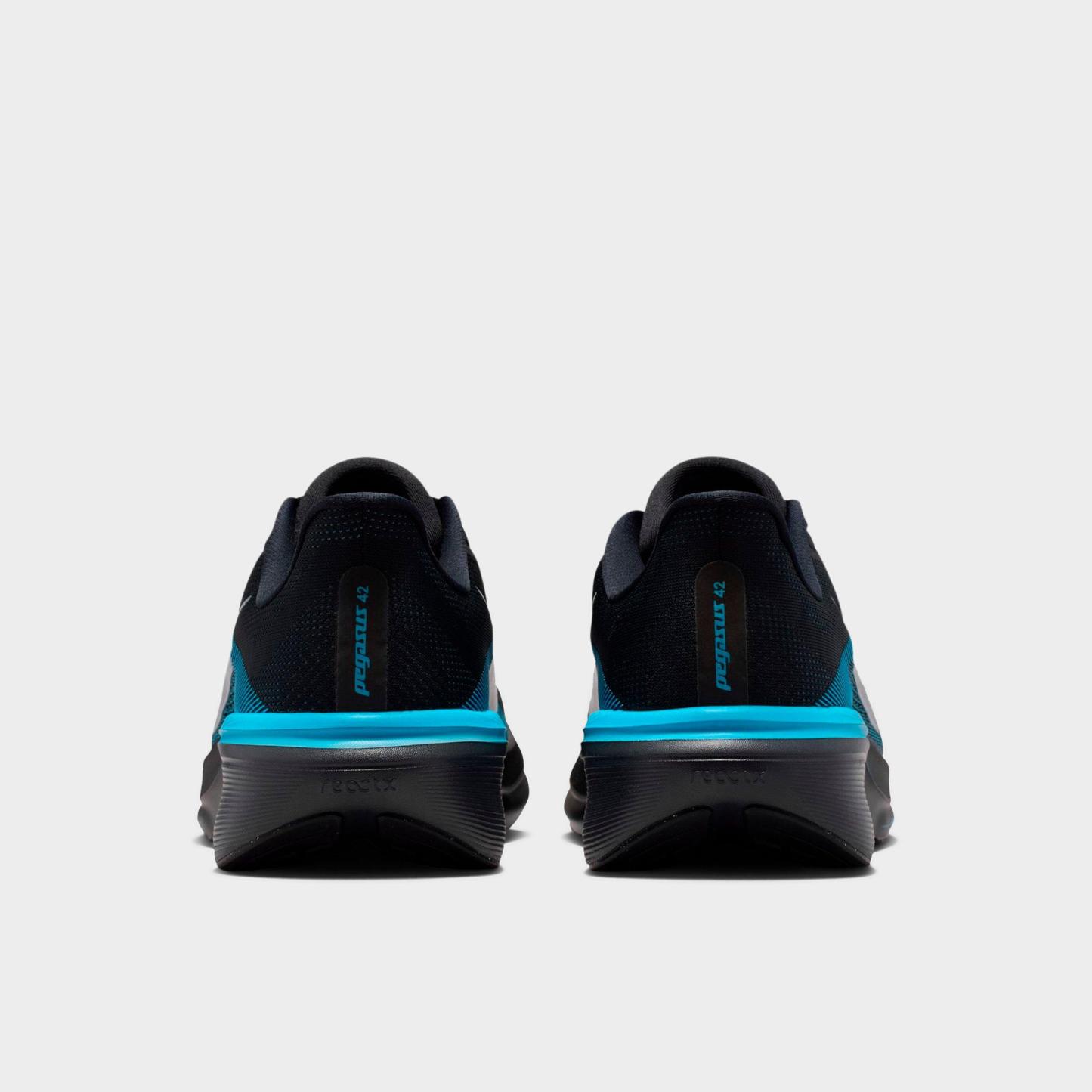 Men's Nithtke Pegasus 42 Running Shoes - Part 1 - Black/Metallic Silver/Light Current Blue - Back view