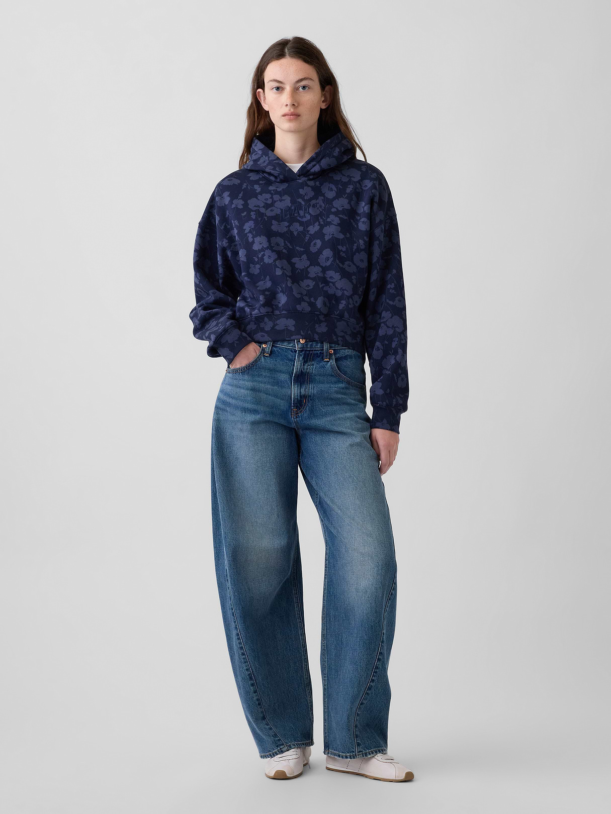 VintageSoft Crop Logo Hoodie - Blue floral