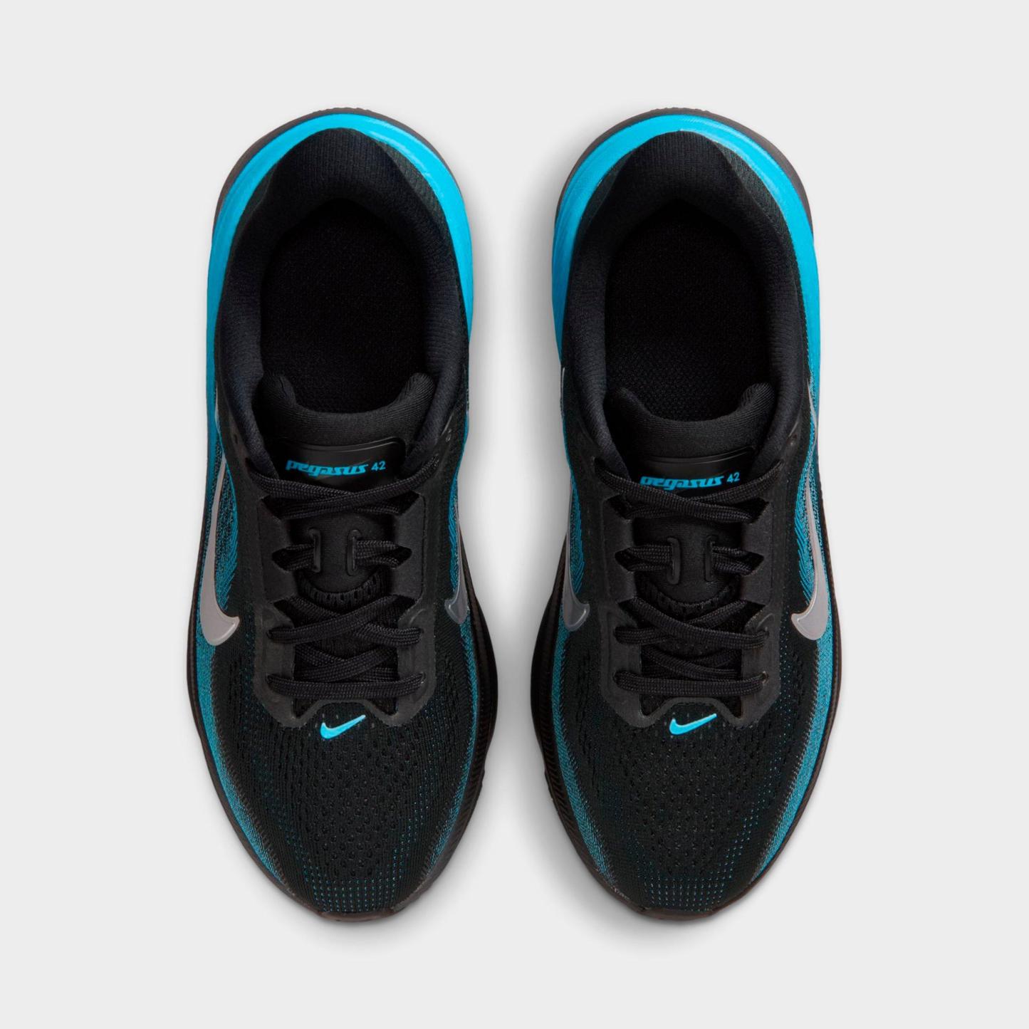 Big Kids' Nithtke Pegasus 42 Running Shoes - Black/Light Current Blue/Anthracite/Metallic Silver - Top view