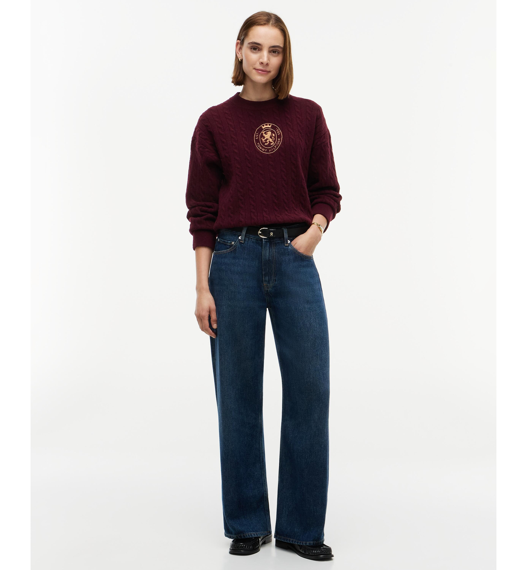 Tommy Hilfiger Women's Cable-Knit Crewneck Embroidered Crest Sweater - Deep Burgundy