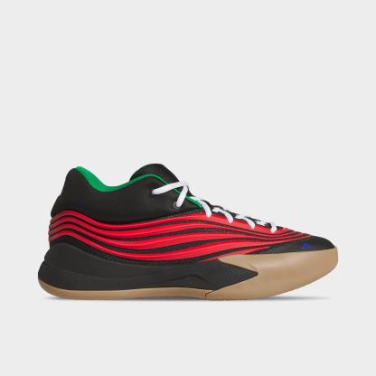 Men's adidas Dame X Basketball Shoes - Core Black/Pure Ruby/Gum - Left shoe facing left. Outside of the shoe.