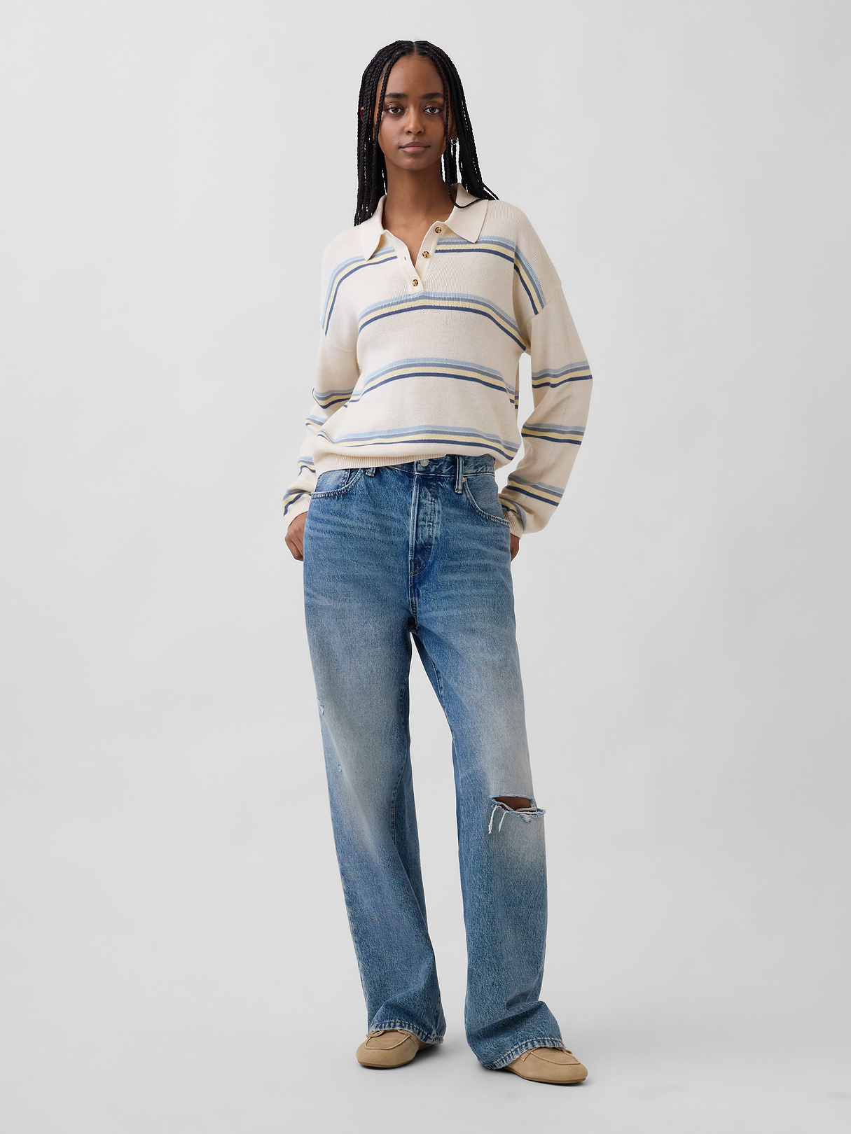 100% Cotton Relaxed Polo Sweater - Ivory beige & blue stripe