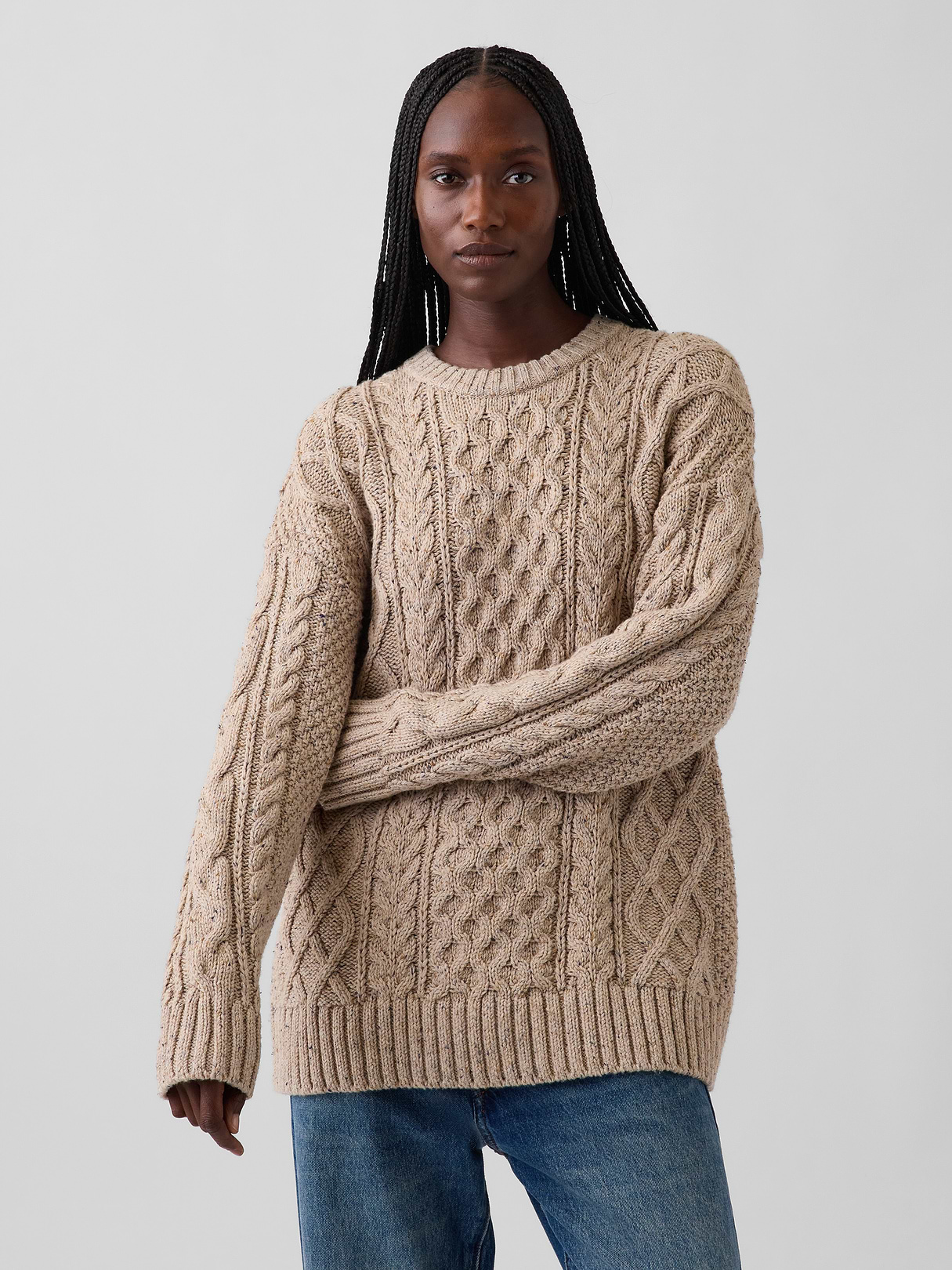 100% Cotton Cable-Knit Oversized Sweater - Cobblestone beige