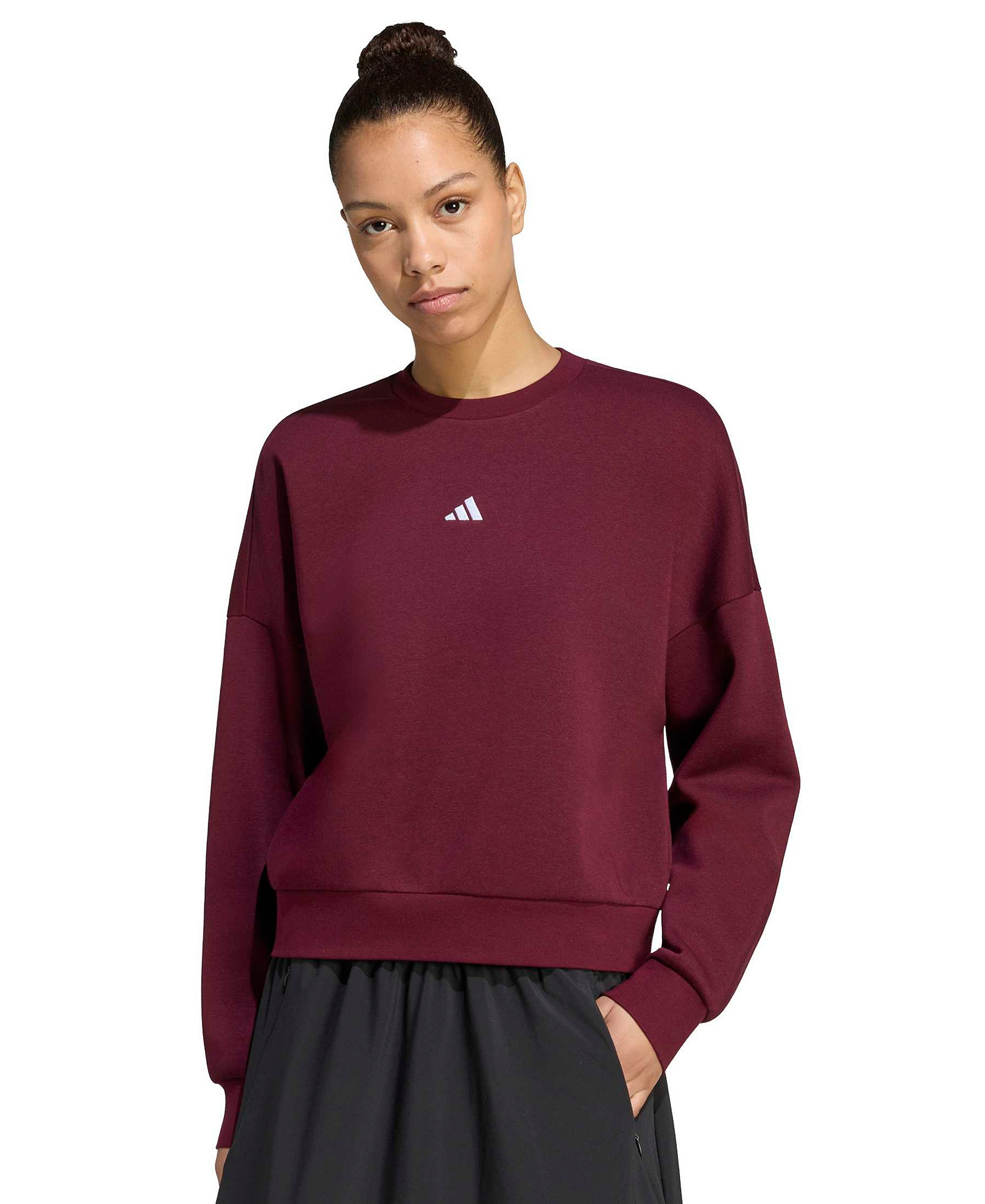adidas Women's Essentials Crewneck Small-Logo Sweatshirt - Maroon/white