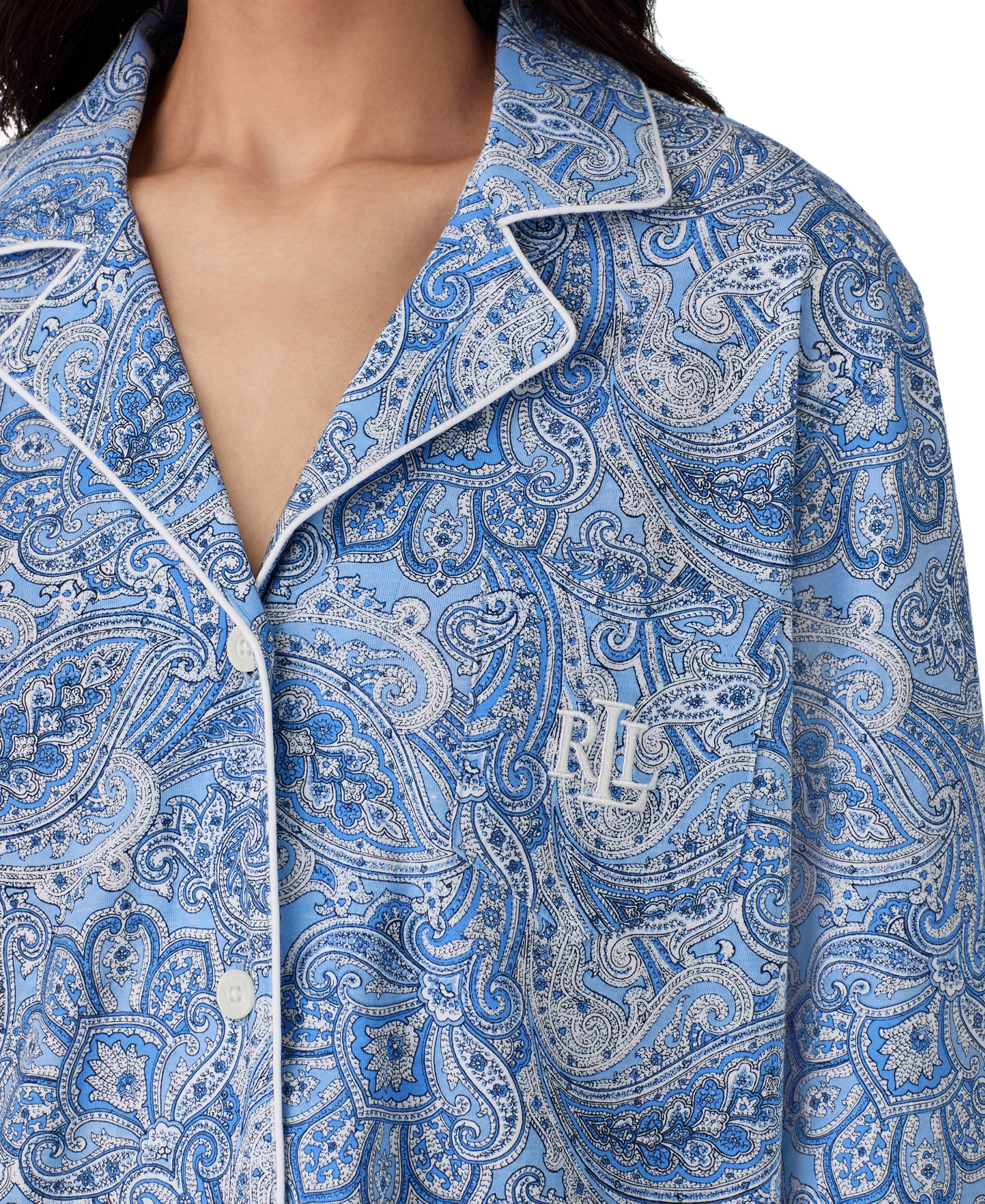 Lauren Ralph Lauren Womens 3/4 Sleeve Cotton Notch Collar Capri Pant Pajama Set - Blue Paisley